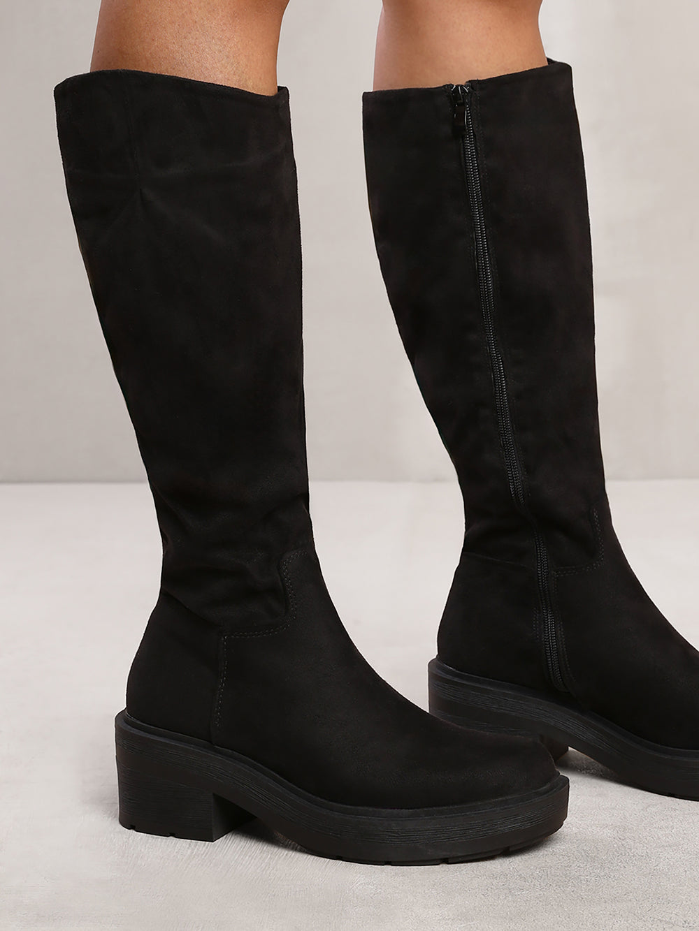 DELLA BELOW KNEE BOOT WITH CHUNKY SOLE IN BLACK SUEDE