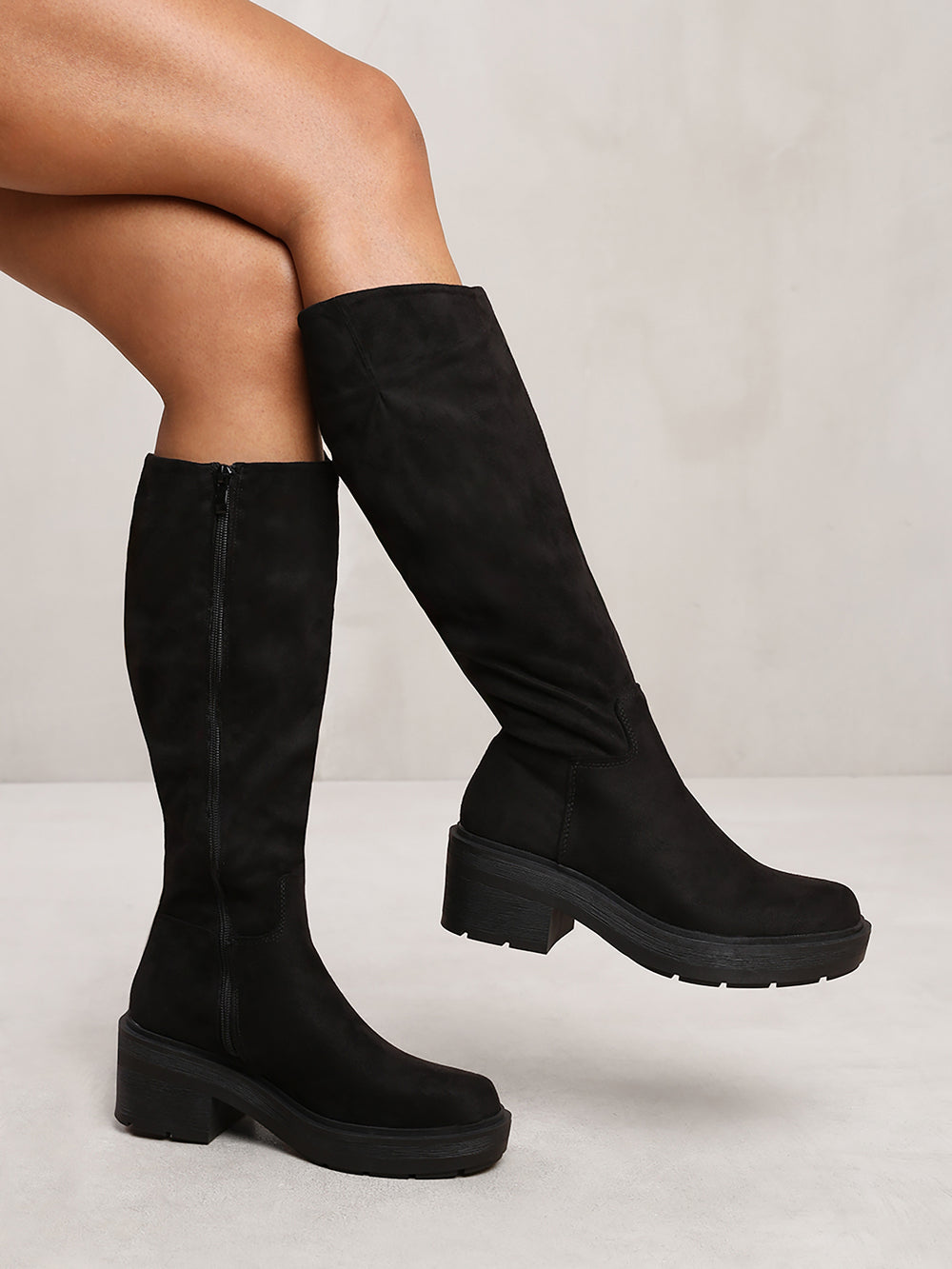 DELLA BELOW KNEE BOOT WITH CHUNKY SOLE IN BLACK SUEDE