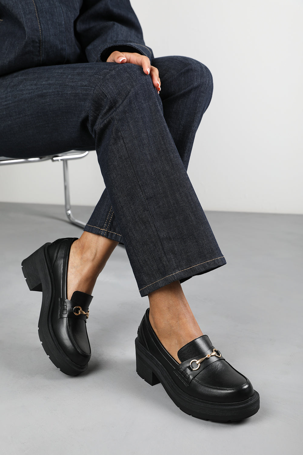 Holly Black Chunky Loafers With Metallic Accent