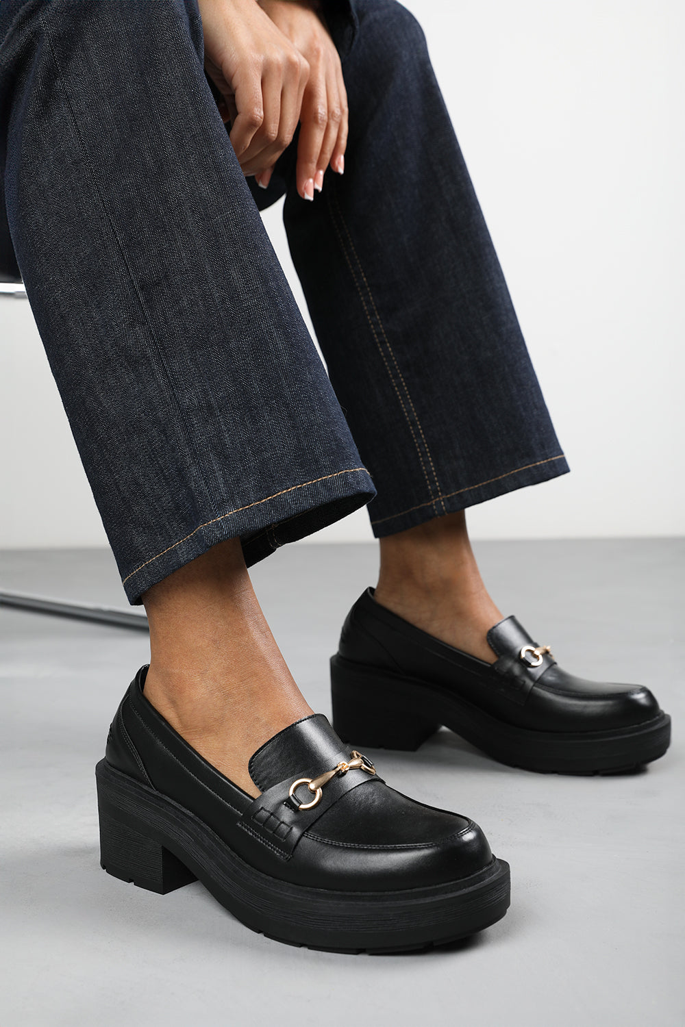 Holly Black Chunky Loafers With Metallic Accent