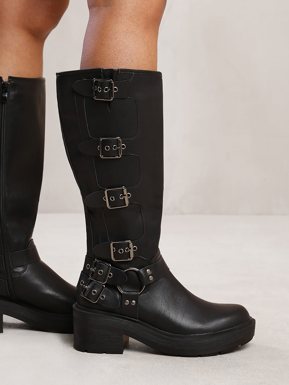 ZAYLA BELOW KNEE BOOT WITH MULTIPLE BUCKLE DETAIL IN BLACK FAUX LEATHER