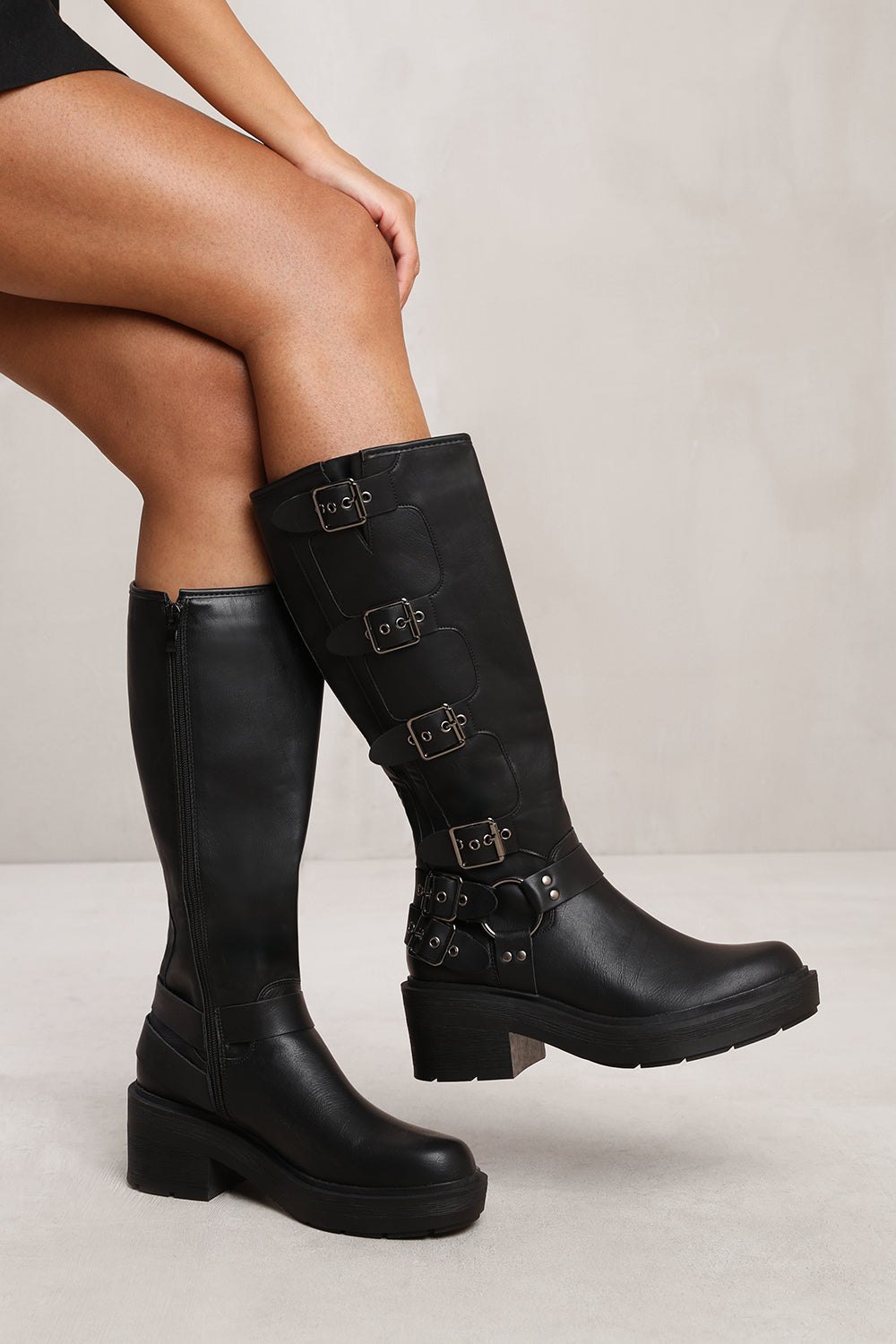 ZAYLA BELOW KNEE BOOT WITH MULTIPLE BUCKLE DETAIL IN BLACK FAUX LEATHER