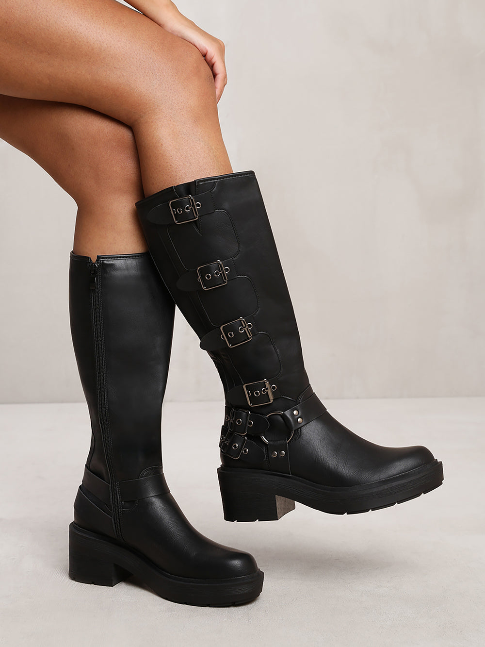 ZAYLA BELOW KNEE BOOT WITH MULTIPLE BUCKLE DETAIL IN BLACK FAUX LEATHER