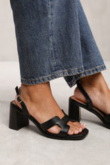 STYLITE STRAPPY SANDALS WITH BLOCK HEEL IN BLACK FAUX LEATHER