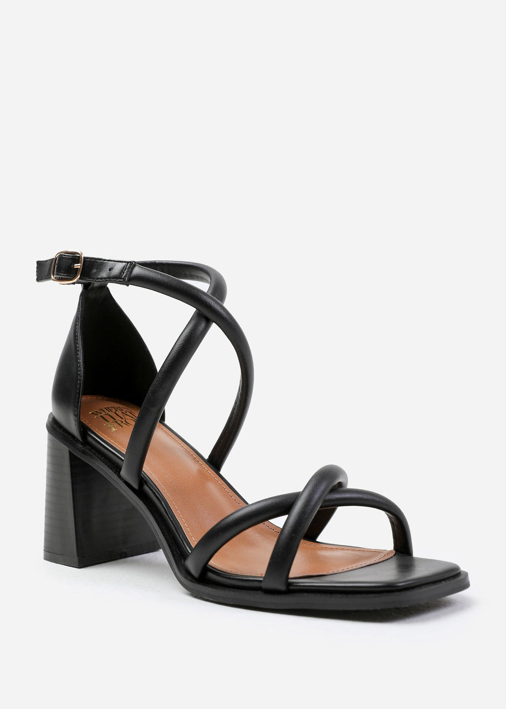 ILLINOIS CROSS OVER MULTI STRAP HEELS IN BLACK FAUX LEATHER