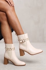 JAYLA ANKLE BOOT WITH PEARL AND STUD DETAILING IN CREAM