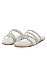 MAHIN STRAPPY SLIP ON SILDERS WITH DIAMANTE DETAIL IN WHITE FAUX LEATHER