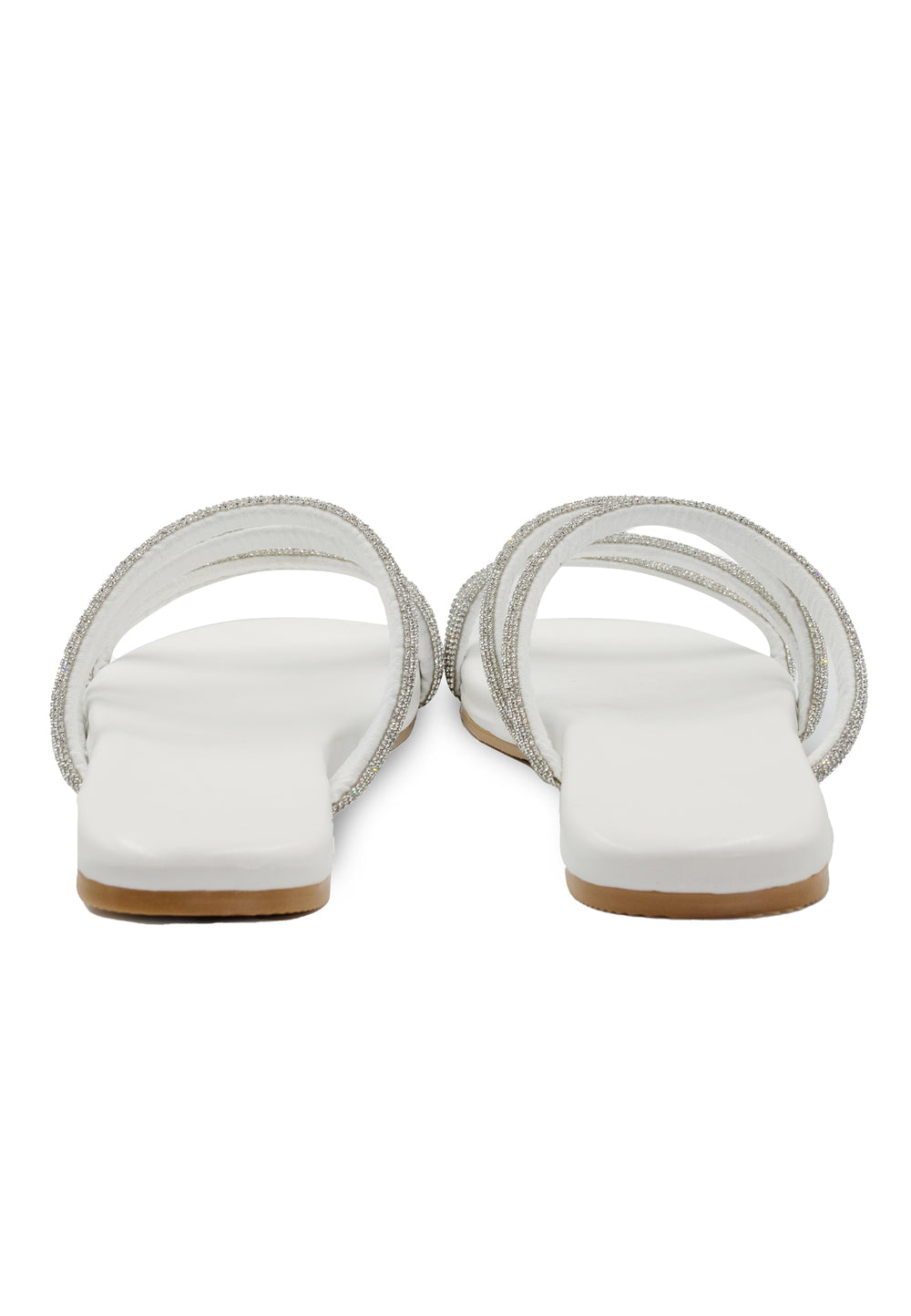 MAHIN STRAPPY SLIP ON SILDERS WITH DIAMANTE DETAIL IN WHITE FAUX LEATHER