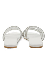 MAHIN STRAPPY SLIP ON SILDERS WITH DIAMANTE DETAIL IN WHITE FAUX LEATHER