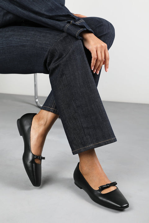 Hope Square Toe Ballet Flats With Knot Bow In Black Faux Leather