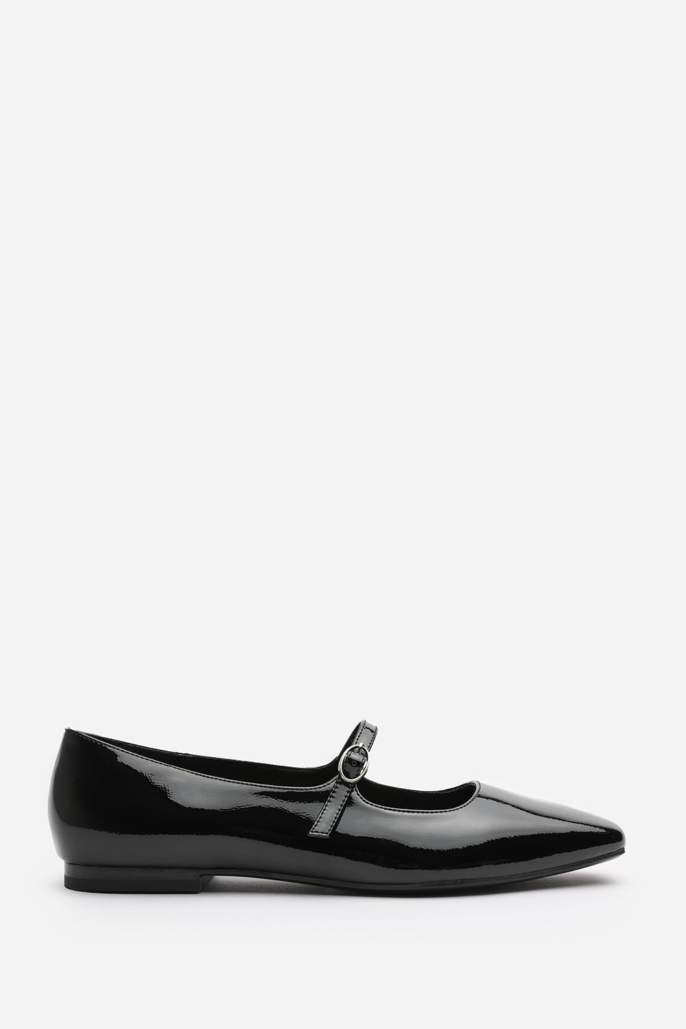 Jennifer Wide Fit Mary Jane Flats With Buckle Strap In Black Patent Finish