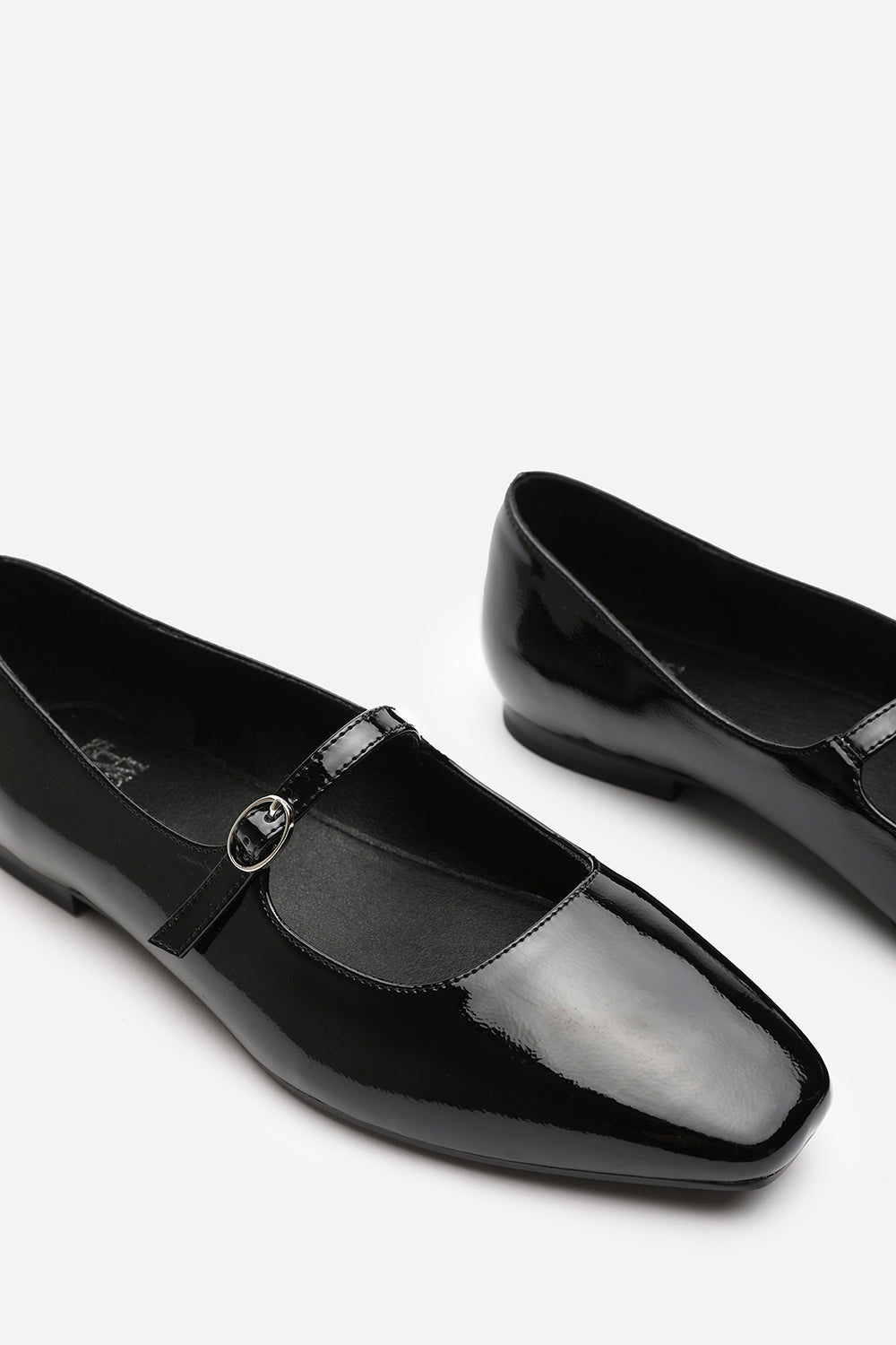 Jennifer Wide Fit Mary Jane Flats With Buckle Strap In Black Patent Finish
