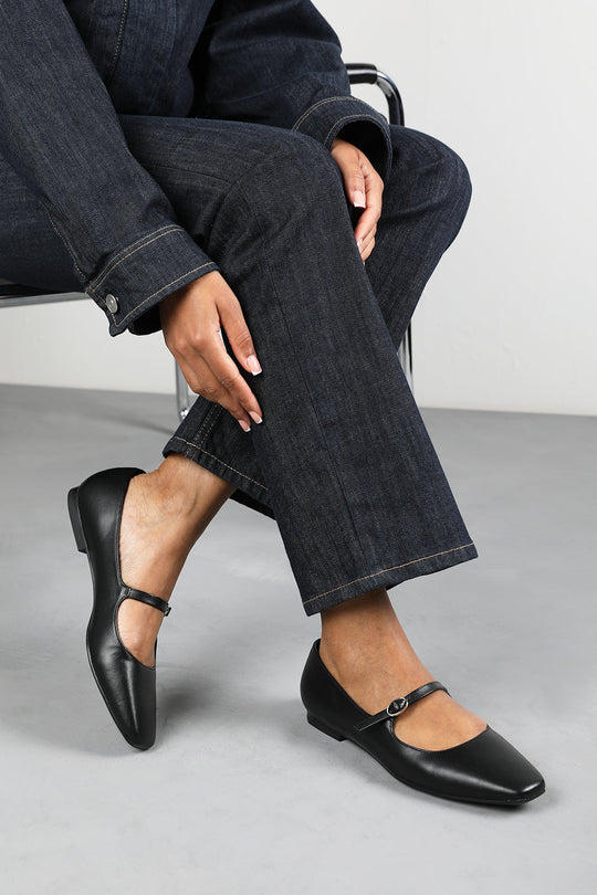 Jennifer Mary Jane Flats With Buckle Strap In Black Faux Leather