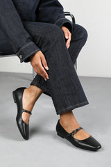 Jennifer Wide Fit Mary Jane Flats With Buckle Strap In Black Faux Leather