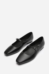 Jennifer Wide Fit Mary Jane Flats With Buckle Strap In Black Faux Leather