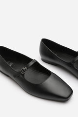 Jennifer Wide Fit Mary Jane Flats With Buckle Strap In Black Faux Leather