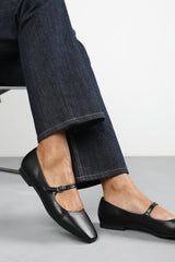 Jennifer Wide Fit Mary Jane Flats With Buckle Strap In Black Faux Leather