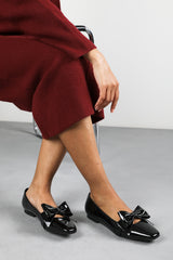 Jessica Wide Fit Square Toe Ballet Flats With Bow Detail In Black Patent Finish