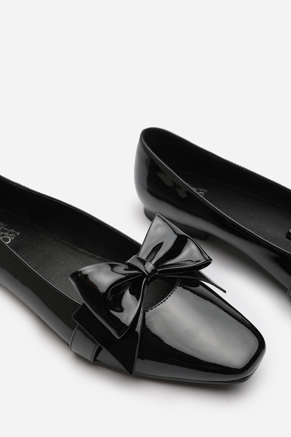 Jessica Square Toe Ballet Flats With Bow Detail In Black Patent Finish