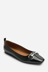 Lauren Wide Fit Snaffle Trim Detail Square Toe Ballet Flats in Black Patent