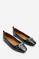 Lauren Snaffle Trim Detail Square Toe Ballet Flats in Black Patent