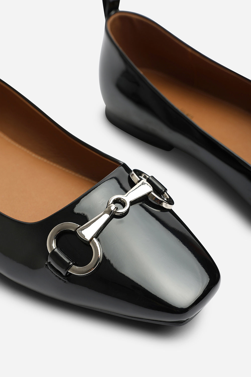 Lauren Snaffle Trim Detail Square Toe Ballet Flats in Black Patent