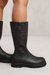 ZELDA MID CALF BOOT WITH DOUBLE ZIP IN BLACK FAUX LEATHER