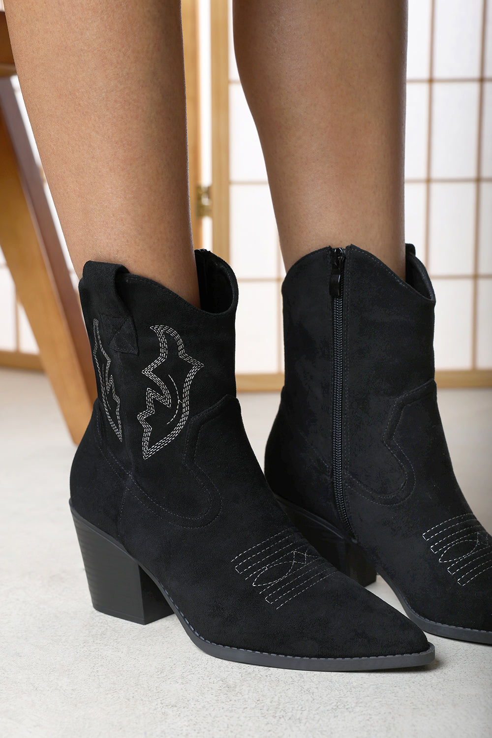 Seraphina Black Suede Cowboy Boots Ankle Length Western Block Heel