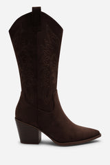 Yasmine Calf Cowboy Boots Block Heel Western Embroidered In Brown Suede