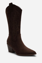 Yasmine Calf Cowboy Boots Block Heel Western Embroidered In Brown Suede