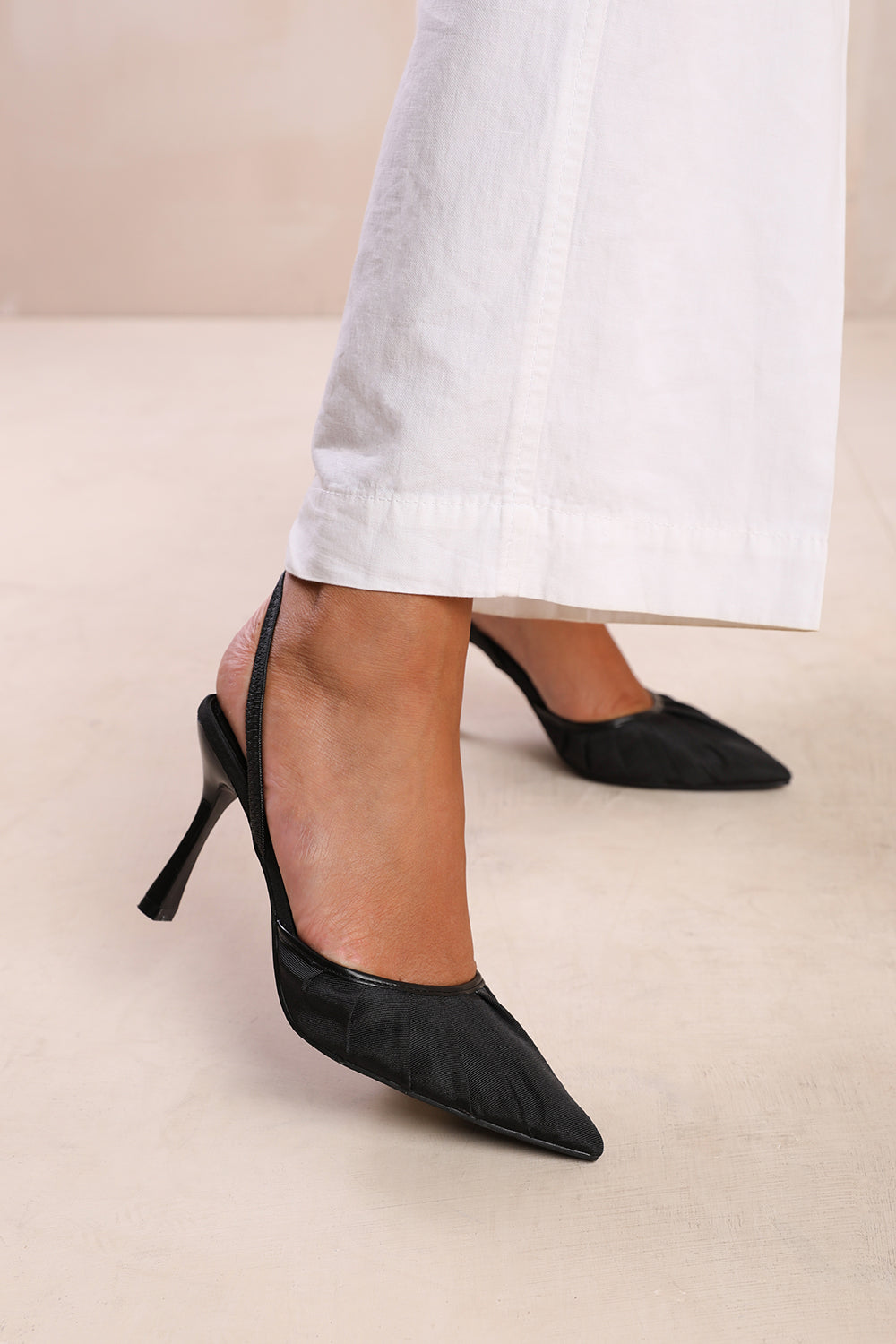 MALDIVES WIDE FIT POINTED TOE HEELS WITH STRAP IN BLACK SATIN