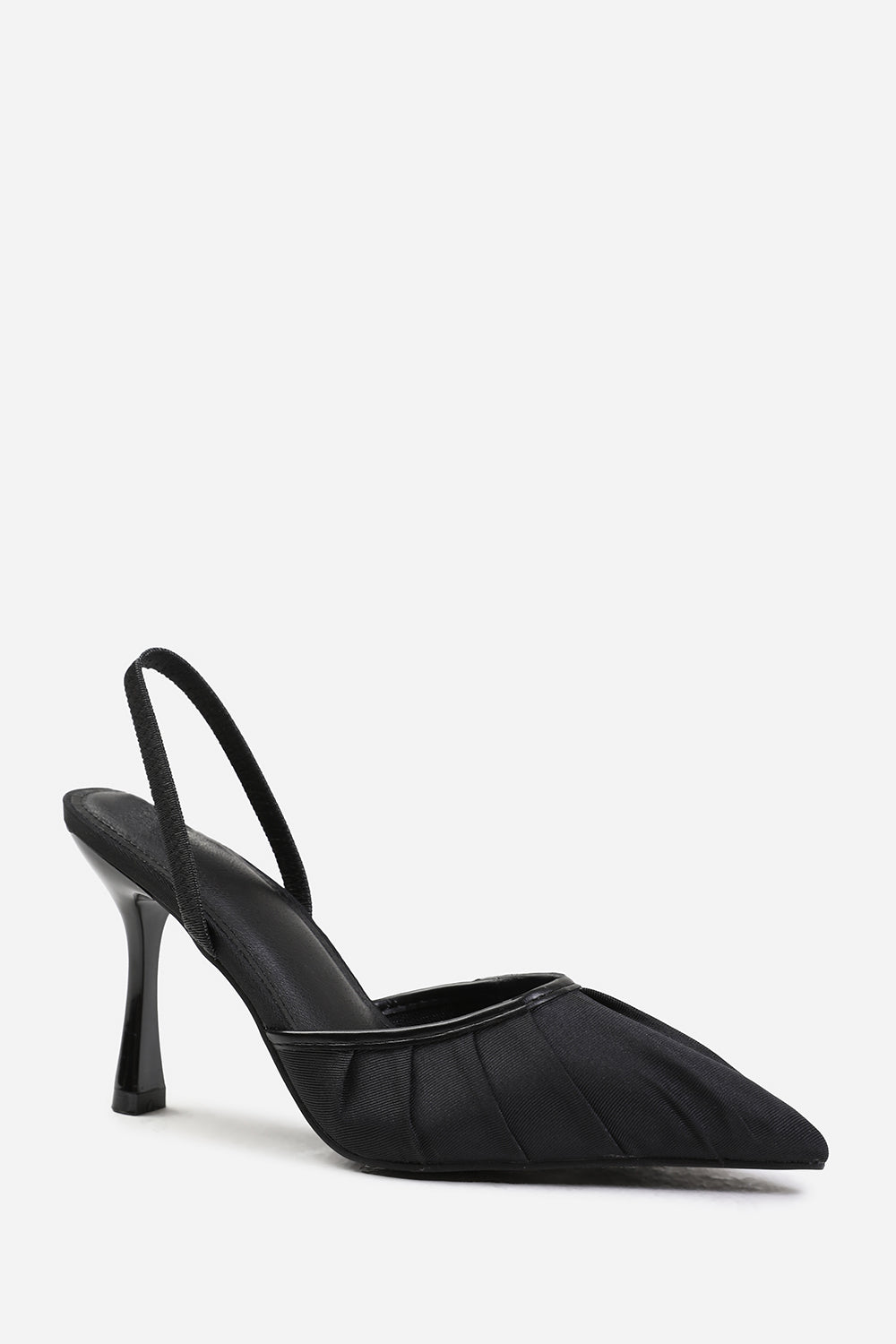 MALDIVES WIDE FIT POINTED TOE HEELS WITH STRAP IN BLACK SATIN