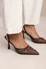 MALDIVES POINTED TOE HEELS WITH STRAP IN LEOPARD SATIN