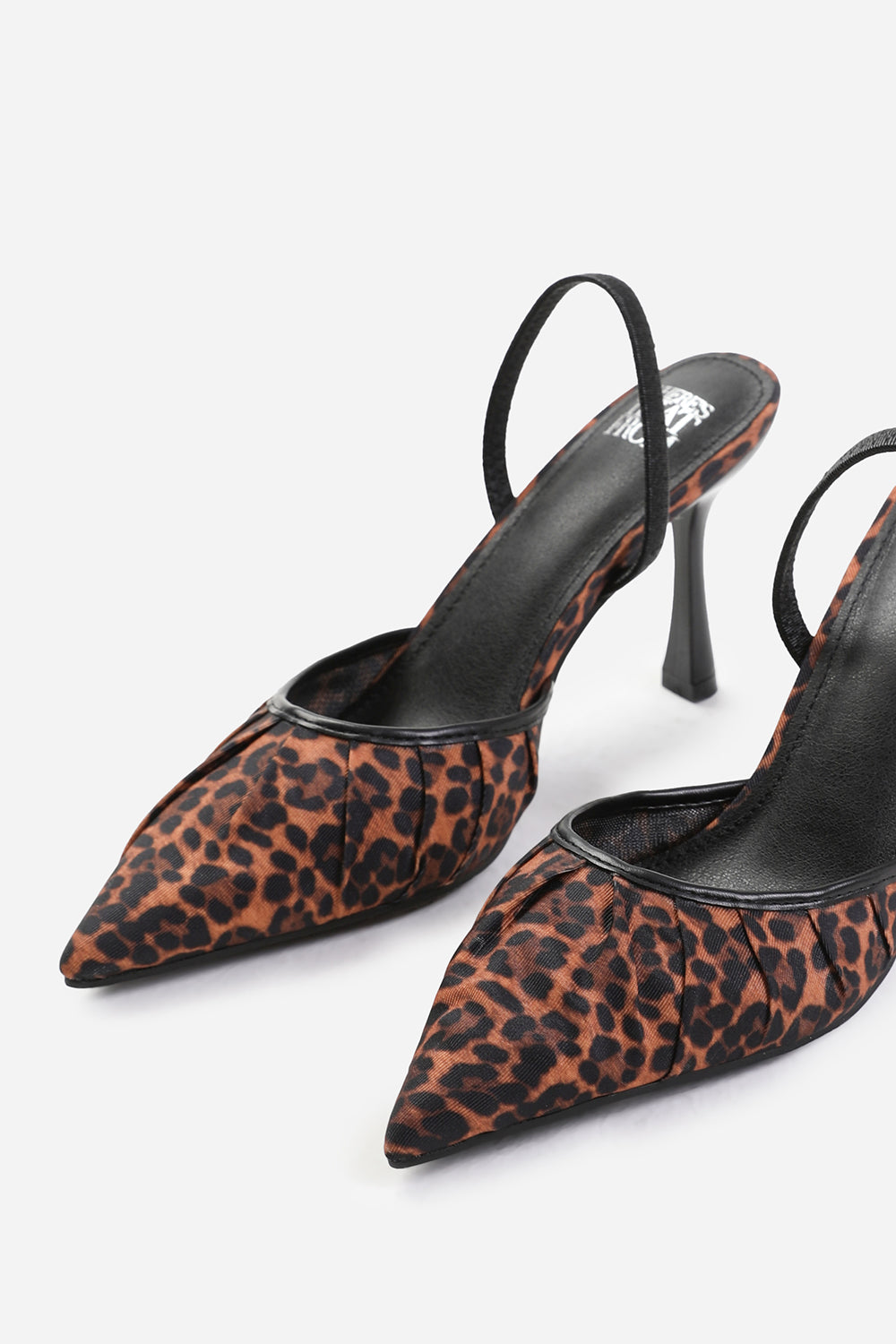 MALDIVES WIDE FIT POINTED TOE HEELS WITH STRAP IN LEOPARD SATIN