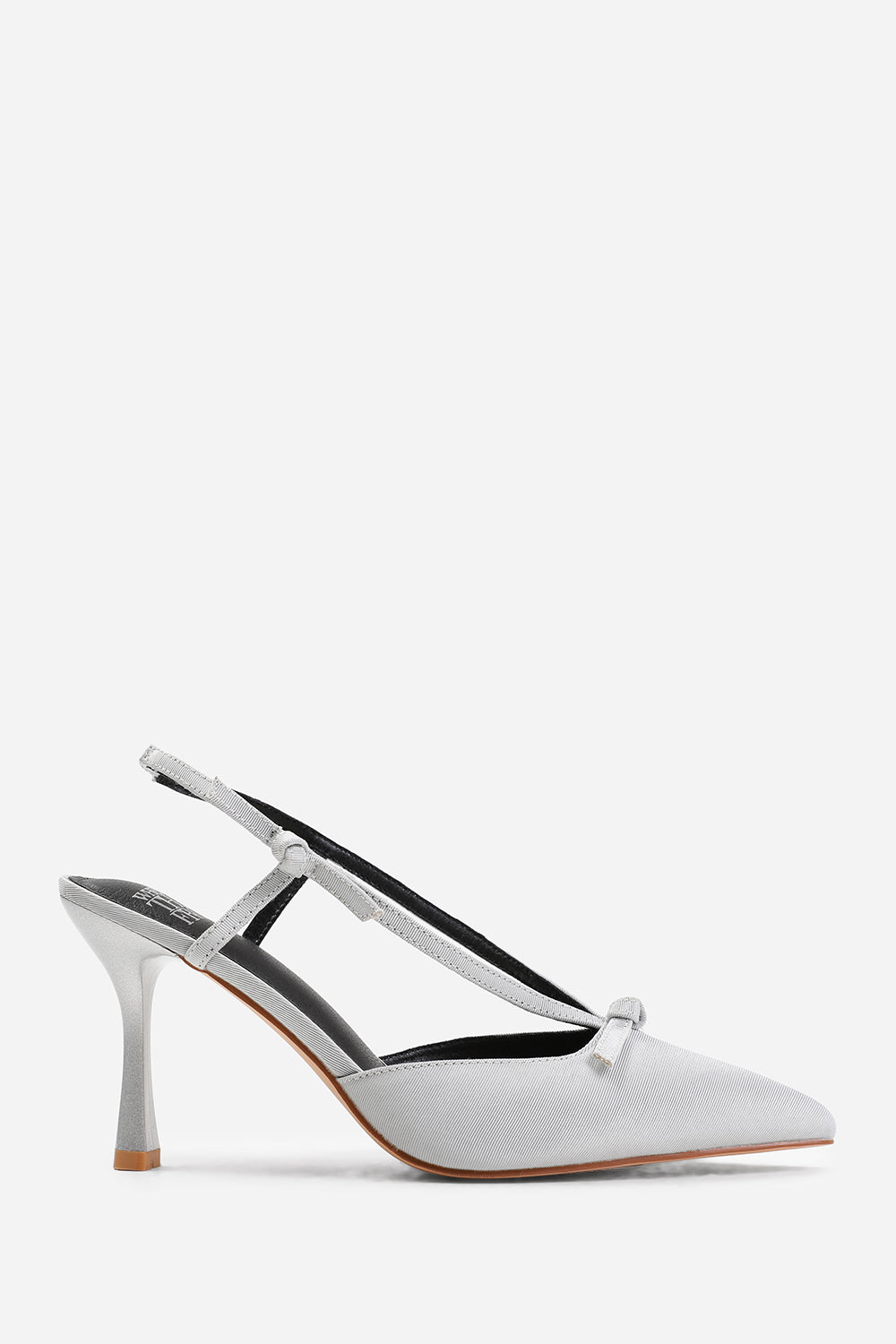 AVA HIGH HEEL WITH POINTED TOE AND STRAP DETAIL IN SILVER SATIN