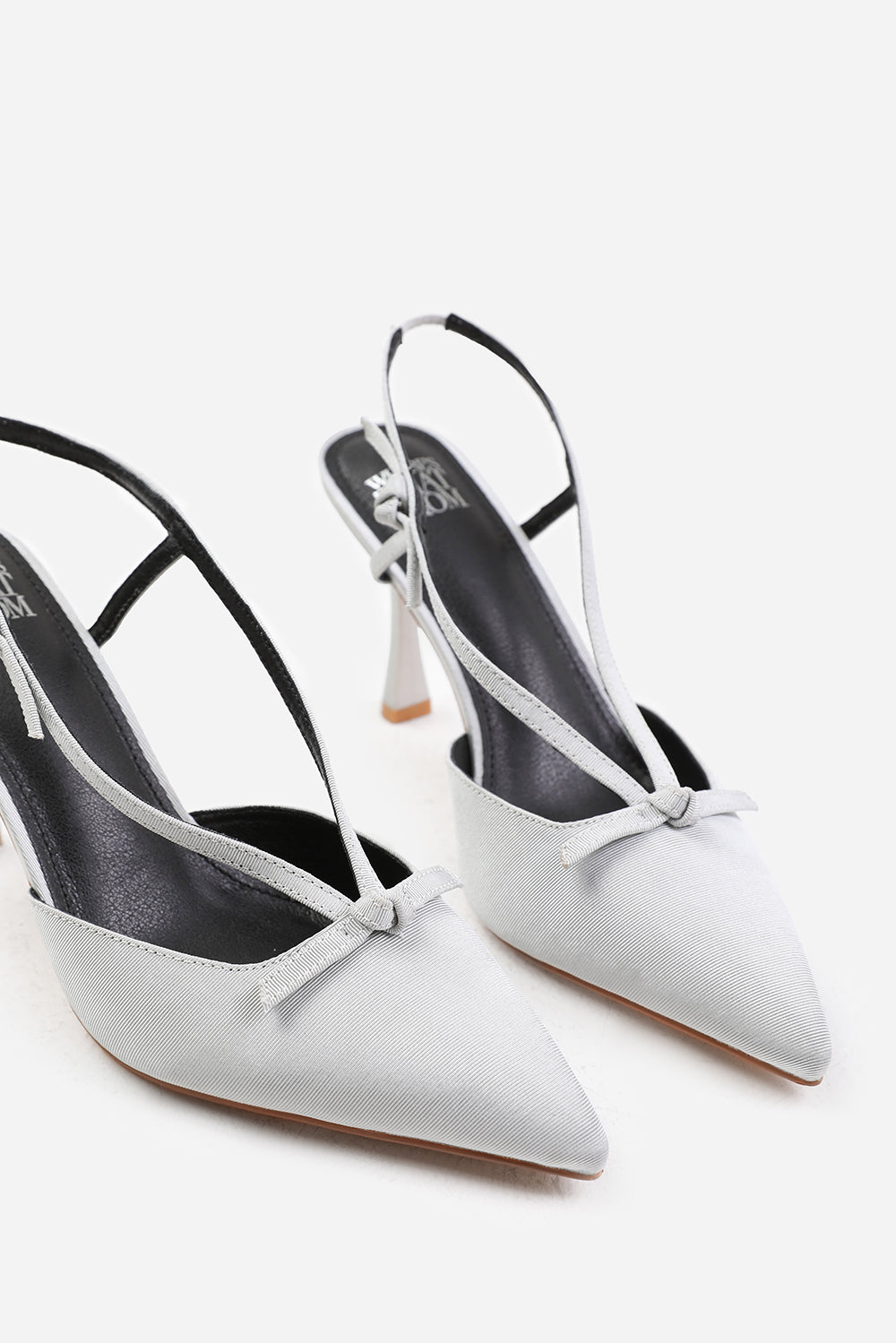 AVA HIGH HEEL WITH POINTED TOE AND STRAP DETAIL IN SILVER SATIN