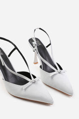 AVA WIDE FIT HIGH HEEL WITH POINTED TOE AND STRAP DETAIL IN SILVER SATIN