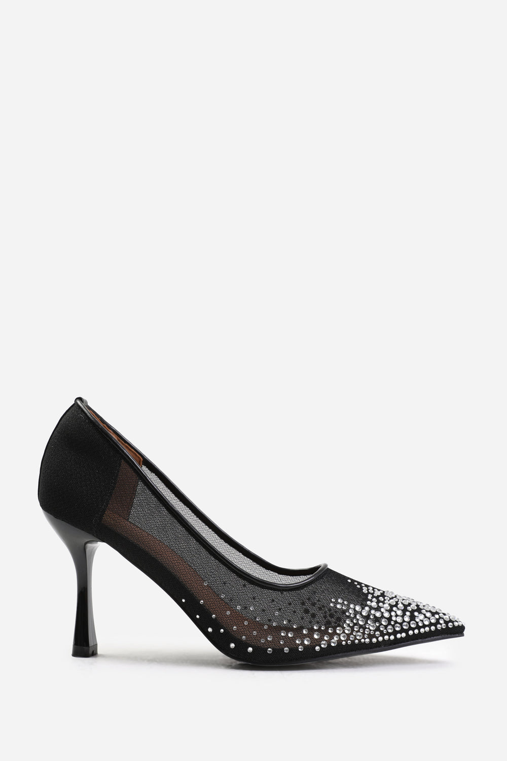 DELINA COURT SHOE WITH DIAMANTE DETAILING IN BLACK MESH