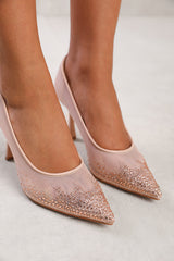 DELINA WIDE FIT COURT SHOE WITH DIAMANTE DETAILING IN NUDE MESH