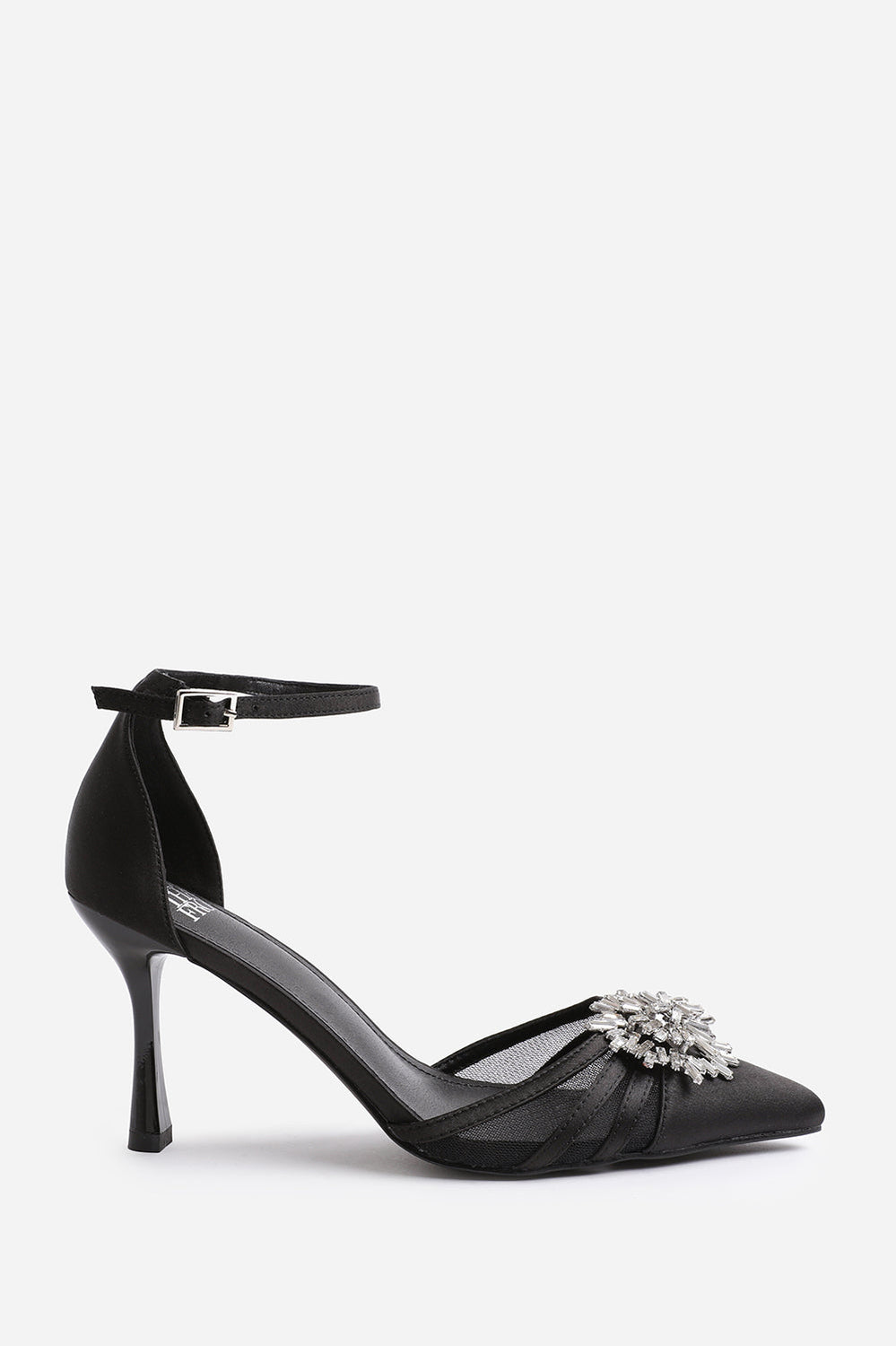 VERA WIDE FIT HIGH HEEL WITH POINTED TOE AND DIAMANTE DETAIL IN BLACK SATIN