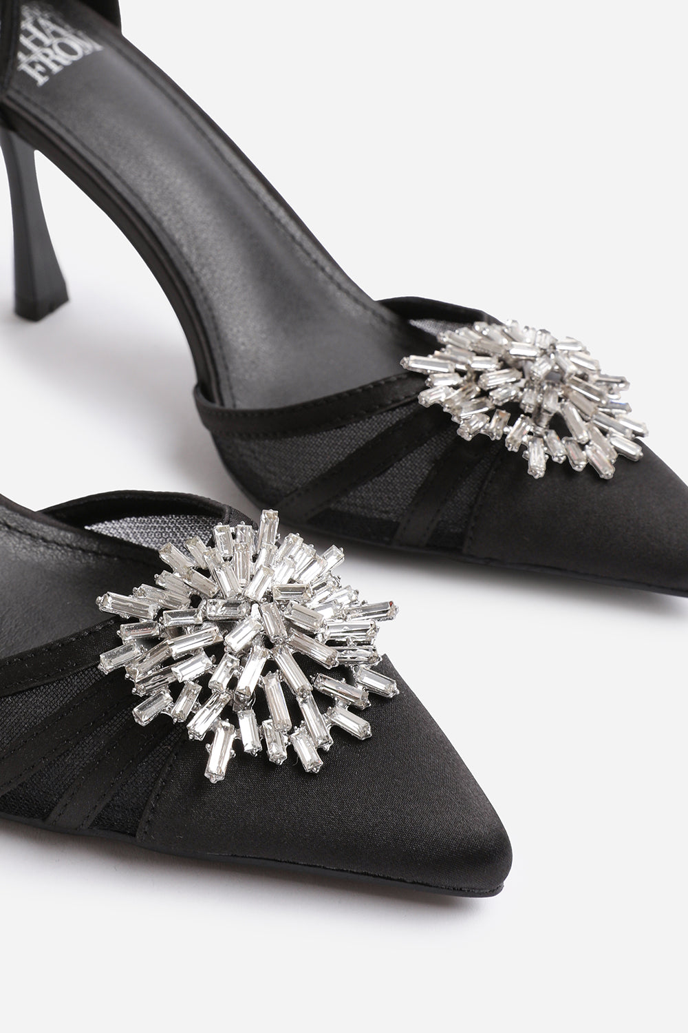 VERA HIGH HEEL WITH POINTED TOE AND DIAMANTE DETAIL IN BLACK SATIN