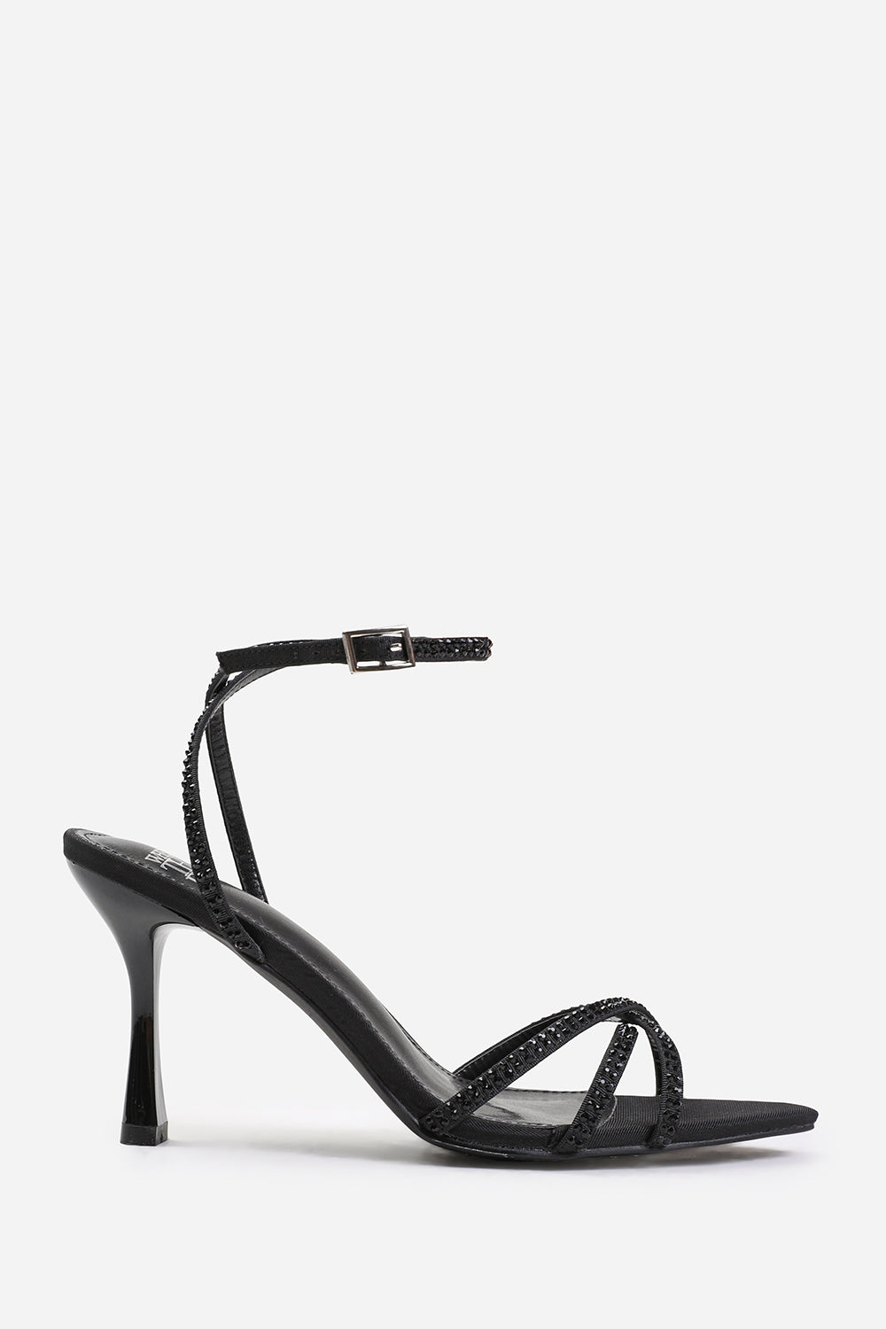 EBEN WIDE FIT CROSS OVER STRAP WITH GEM DETAILING HEELS IN BLACK SATIN