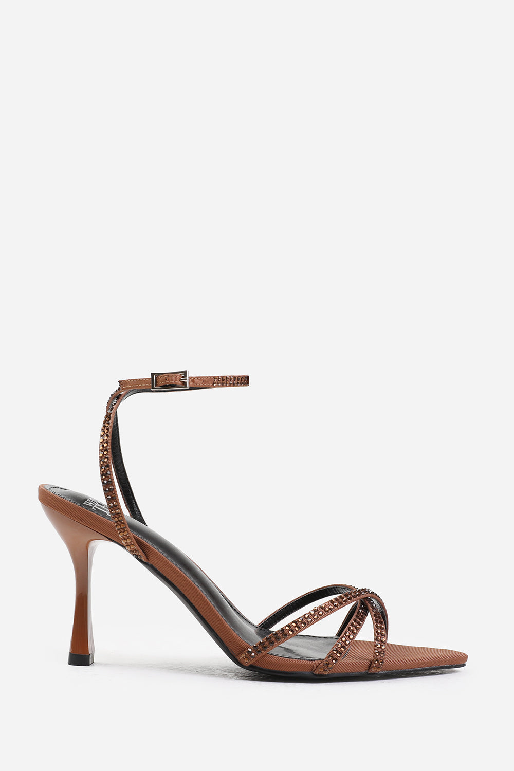 EBEN WIDE FIT CROSS OVER STRAP WITH GEM DETAILING HEELS IN BLACK SATIN