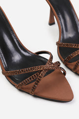 EBEN WIDE FIT CROSS OVER STRAP WITH GEM DETAILING HEELS IN BLACK SATIN