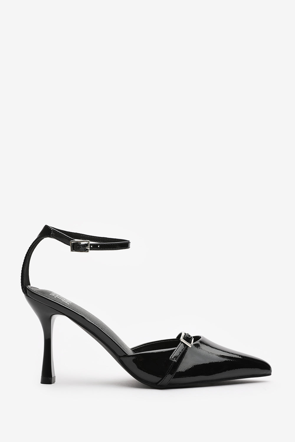 Jordan Strappy Pointed Toe High Heels in Black Patent