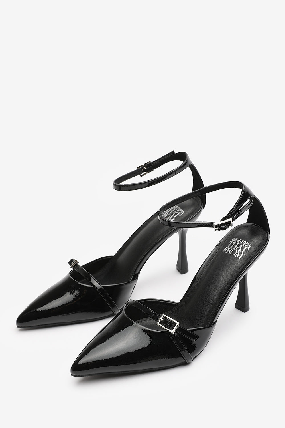 Jordan Strappy Pointed Toe High Heels in Black Patent