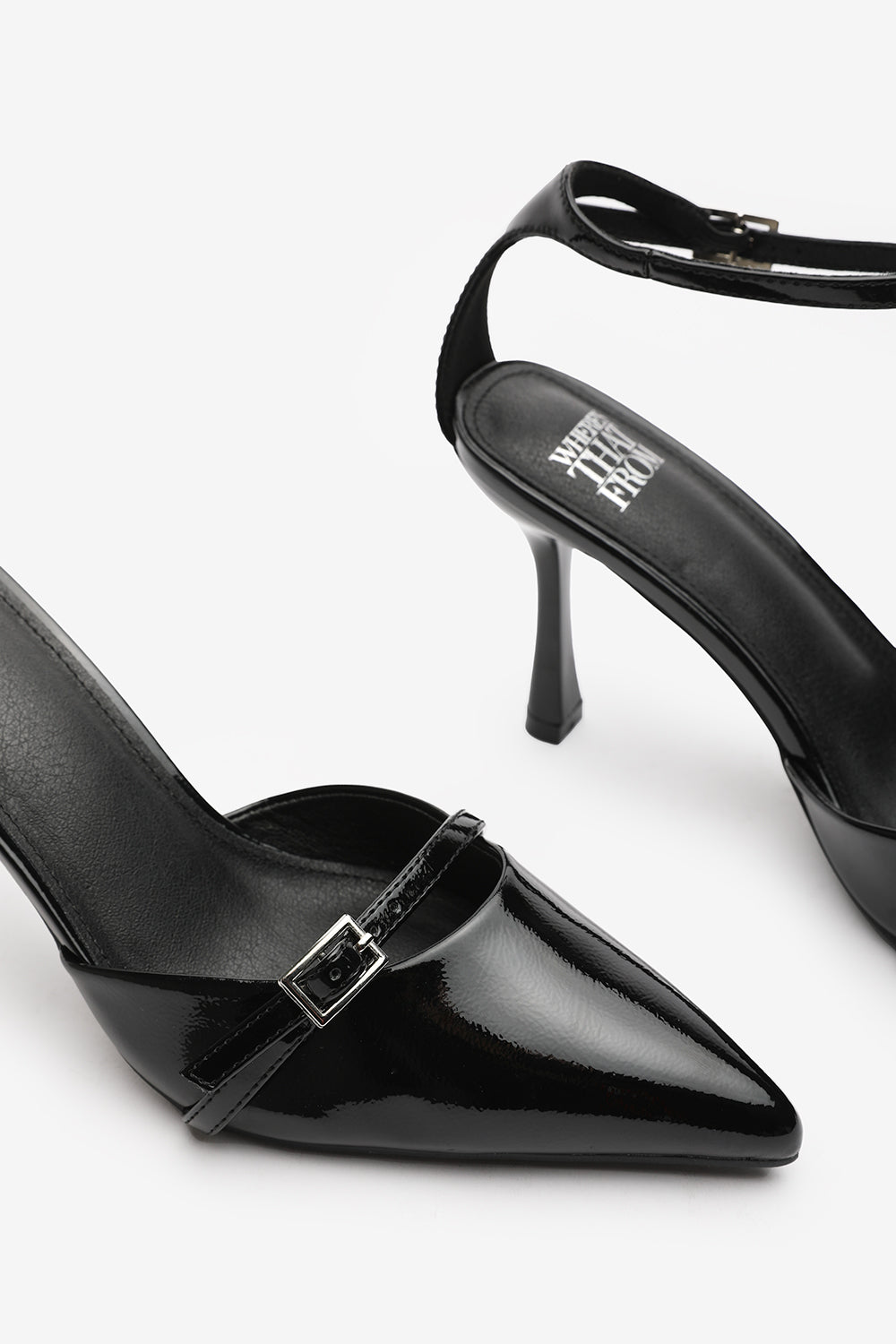 Jordan Strappy Pointed Toe High Heels in Black Patent