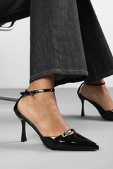 Jordan Strappy Pointed Toe High Heels in Black Patent