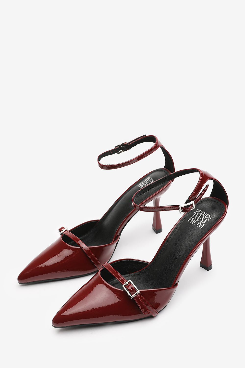 Jordan Strappy Pointed Toe High Heels in Deep Cherry Patent