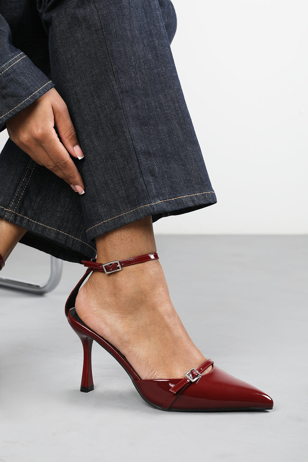 Jordan Strappy Pointed Toe High Heels in Deep Cherry Patent